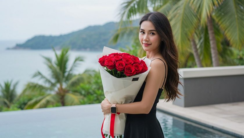 Same Day flower delivery Phuket - receiver of flowers near the villa in Phuket