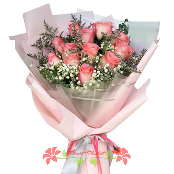 12 Pink Roses Bouquet Flower Delivery Phuket